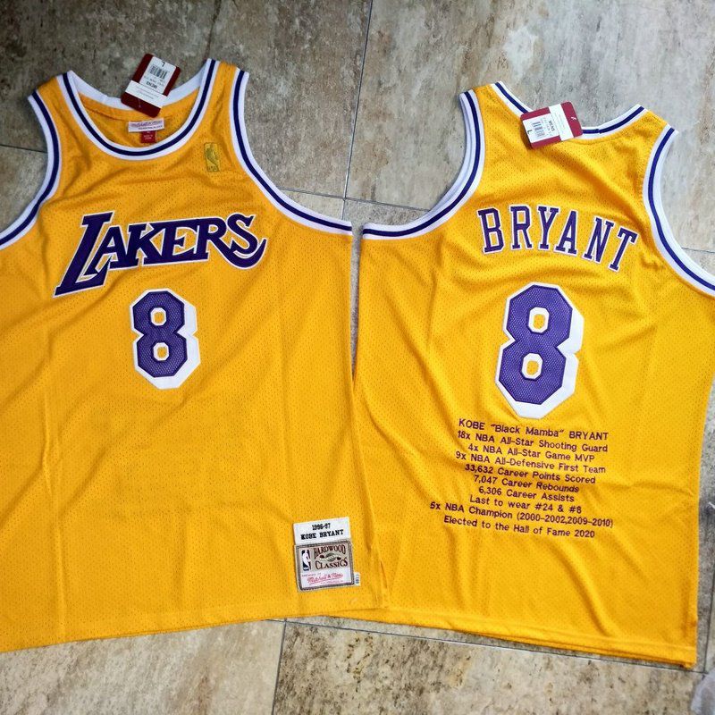 Men Los Angeles Lakers #8 Bryant Yellow Career honor English embroidered version NBA Jerseys->memphis grizzlies->NBA Jersey